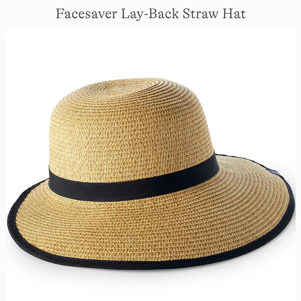 Lands End Facesaver Lay Back Straw Hat with Black Trim S/M - Picture 3 of 6